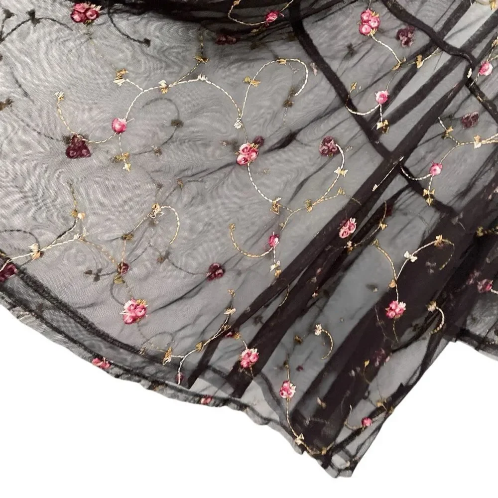 Gypsies & Moondust Black Sheer Mesh Floral Blouse in Size Large
